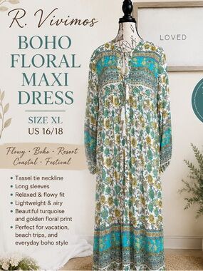 R. Vivimos Turquoise & Gold Floral Boho Maxi Dress - Size XL